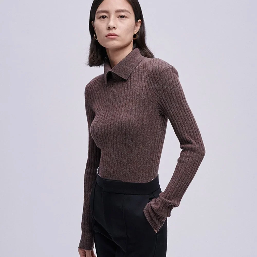 CHICJOC Retro Multi-Color Yarn Knit Sweater with Shirt Collar and Ribbed size 38